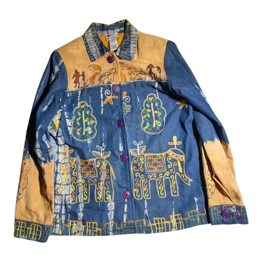 Vtg 1990s Spirit by Sandy Starkman Tie Dye Denim Elephant Embroidered Jacket S